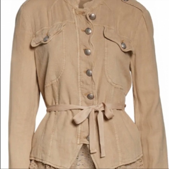 Free People Emilia Jacket Tan Linen Military Lace Hem Button Front Sz XS - Picture 2 of 12